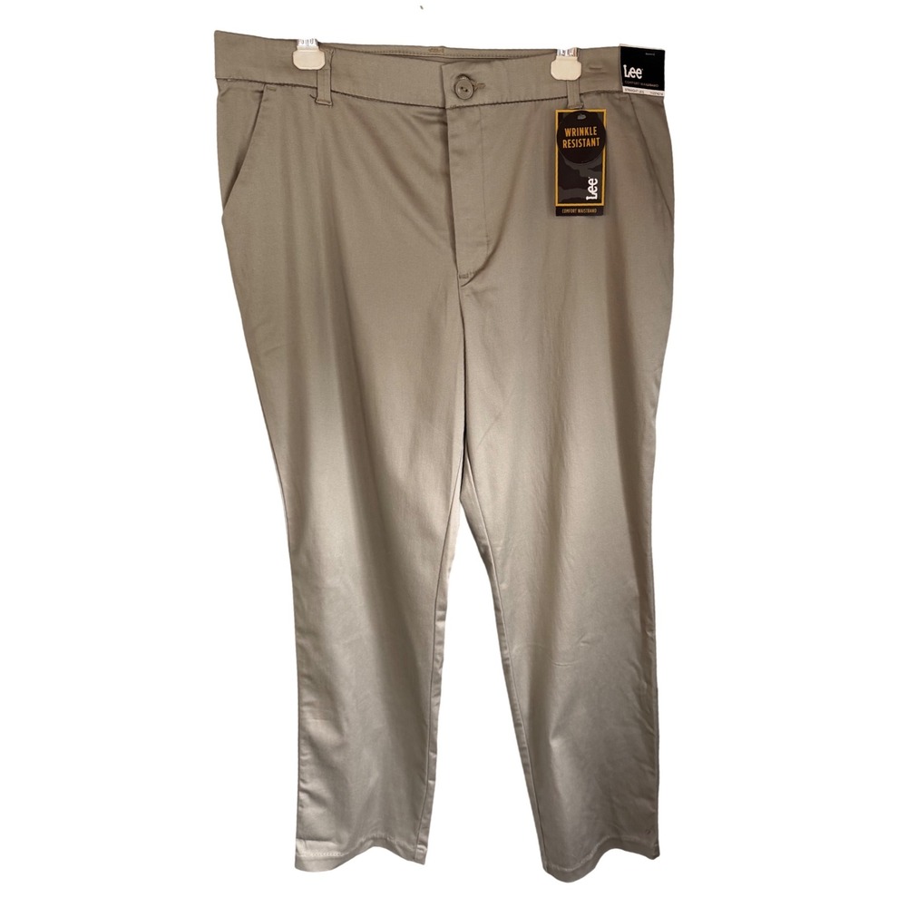 Lee Womens Khaki Straight Leg Comfort Waistband Pants 16M Tan Wrinkle Free